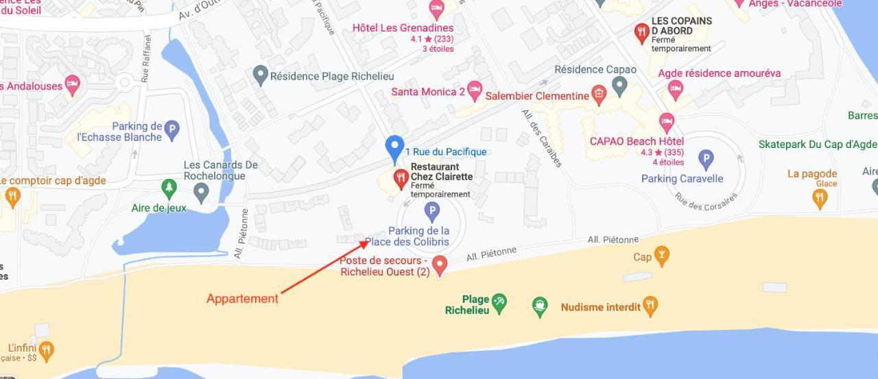 App 4 pers, accès direct plage, parking, Terrasse Agde Esterno foto